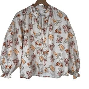 The New Society Floral Linen Cotton Balloon Sleeve Peasant Blouse Small Boho